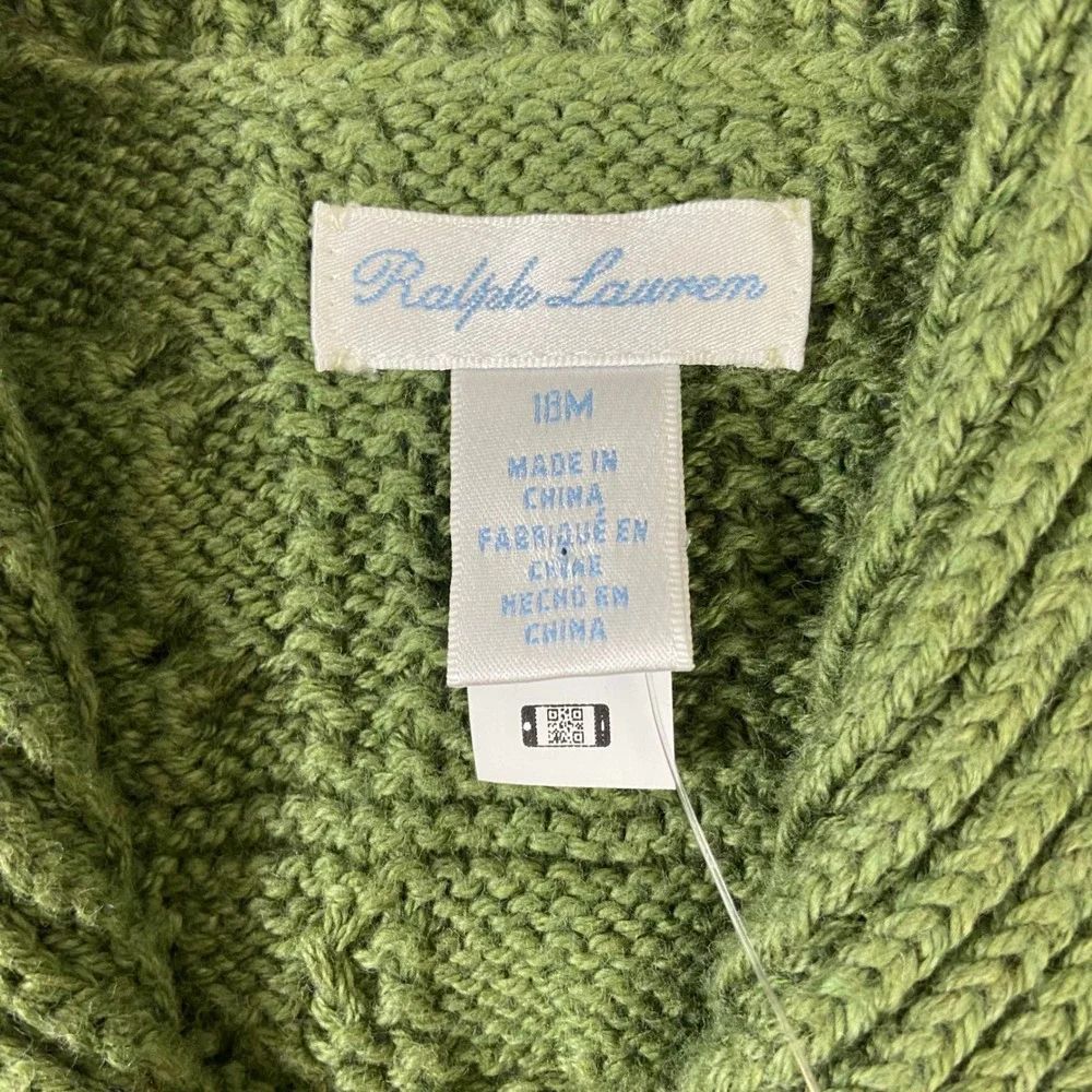Ralph Lauren Baby Boy 18M Green Aran Cable Knit‎ Shawl Collar Cardigan Sweater
